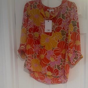 DR2 Women's Colorful Floral Blouse - Orange, Pink, Yellow